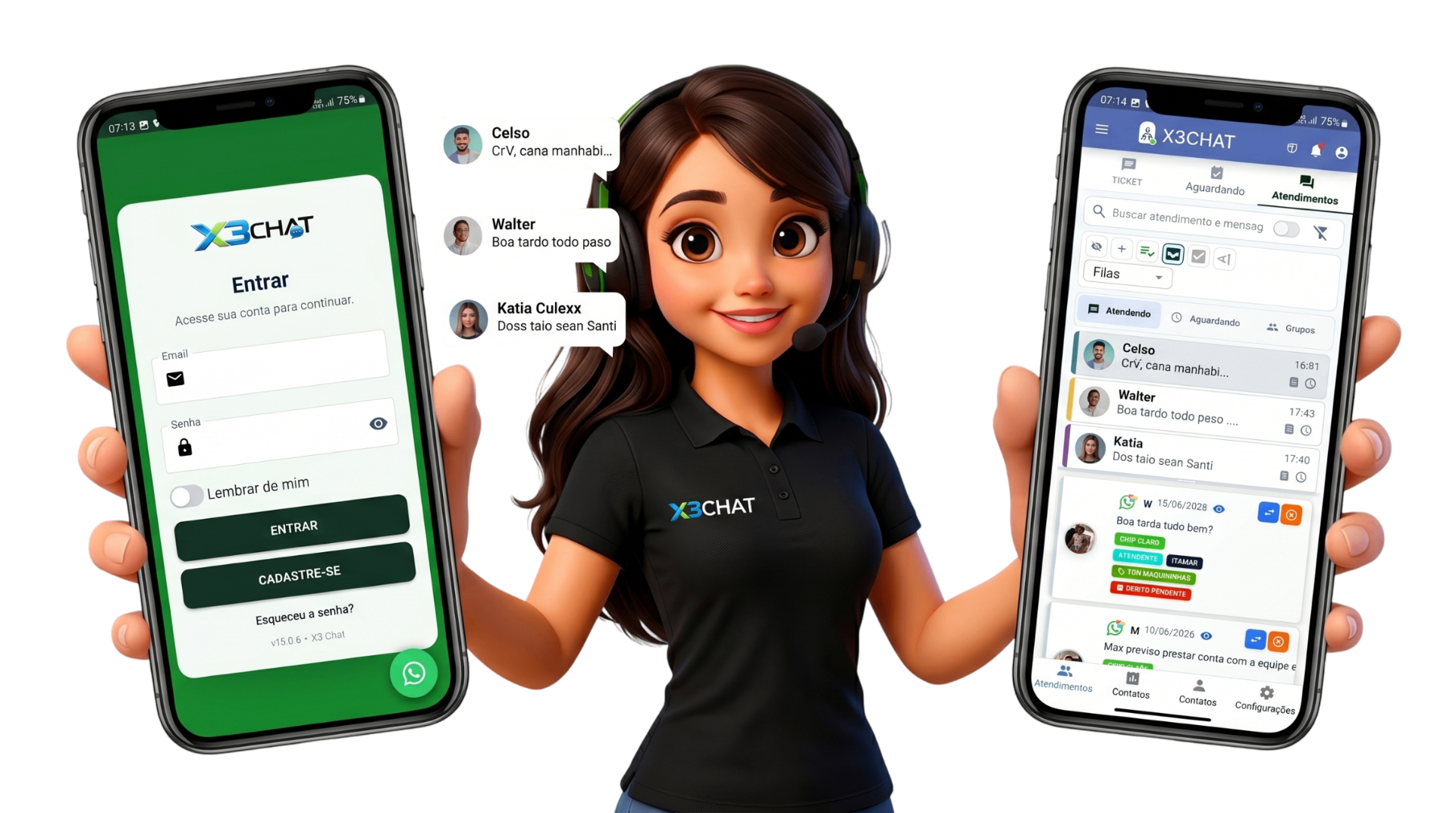 Persona X3Chat segurando dois celulares com o app