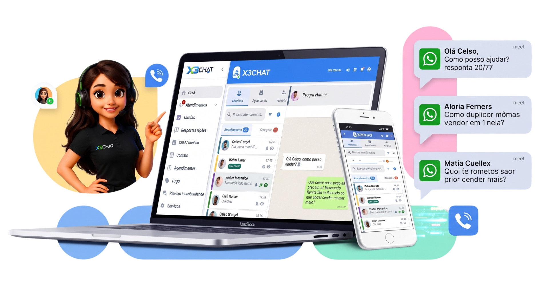X3Chat — atendente com notebook e celular mostrando o painel
